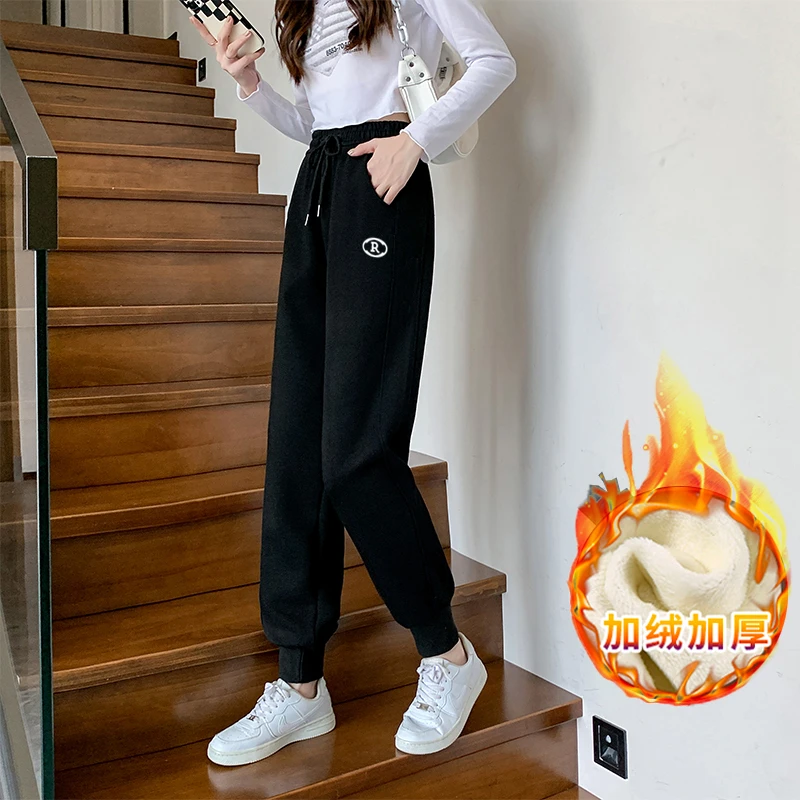 加绒加厚运动裤女冬加绒裤子高腰冬季2024新款宽松束脚裤显瘦卫裤