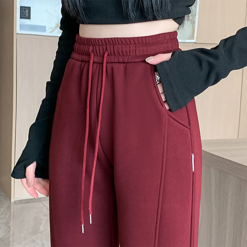 冬季哈伦运动裤女加绒加厚保暖外穿高腰休闲宽松束脚裤黑色卫裤子