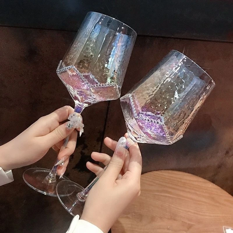 水晶葡萄酒红酒杯水钻炫彩高脚杯玻璃杯ins镀彩手工创意高级感杯