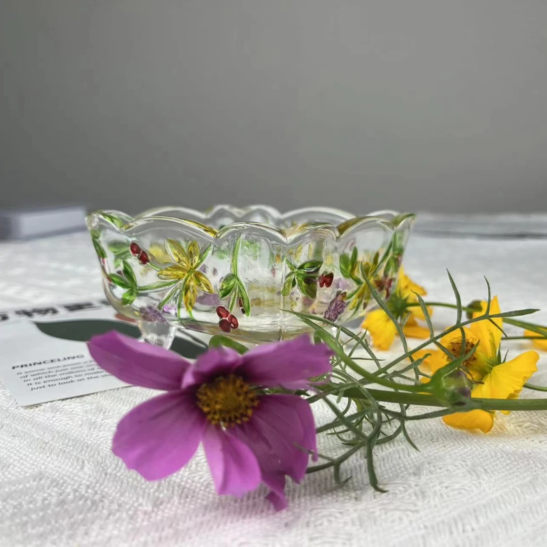 手绘彩色葡萄花方形复古糖罐烟灰缸浮储物罐首饰盒玻璃肥皂盒