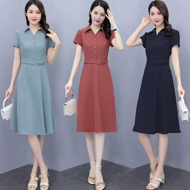 【时尚减龄】夏女装显瘦有口袋纯色连衣裙收腰遮肚中年妈妈