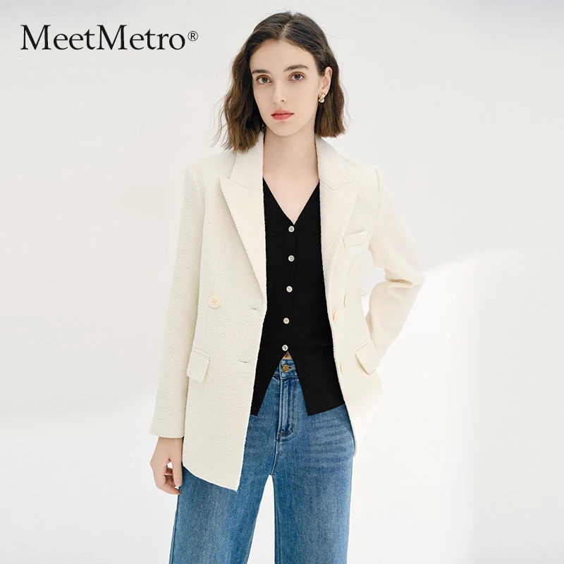 MeetMetro玛依尔2025春白色羊毛毛呢外套高级感通勤西服外套7404