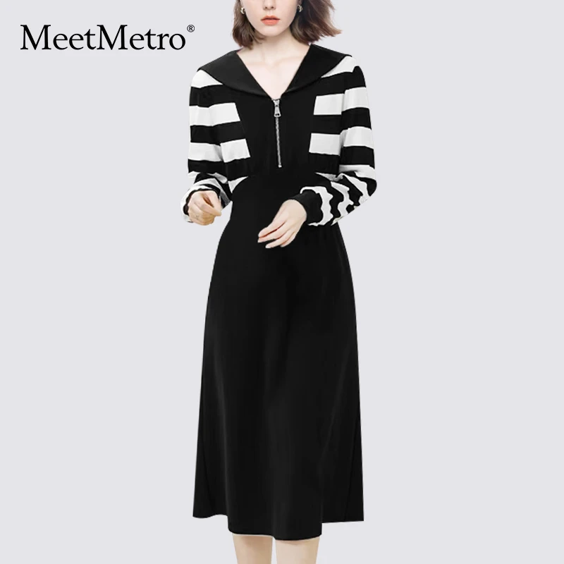 MeetMetro玛依尔拼接条纹连衣裙女2025春新款时尚高腰假两件长裙