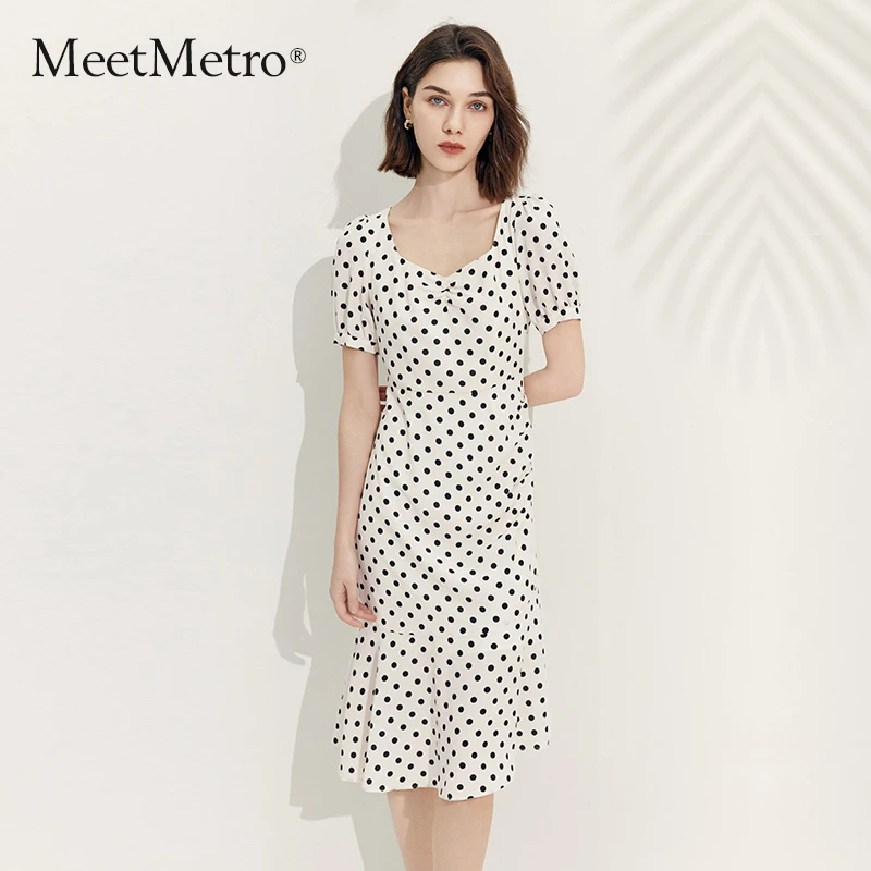 MeetMetro玛依尔波点印花连衣裙女2025夏季新款法式复古荷叶裙子