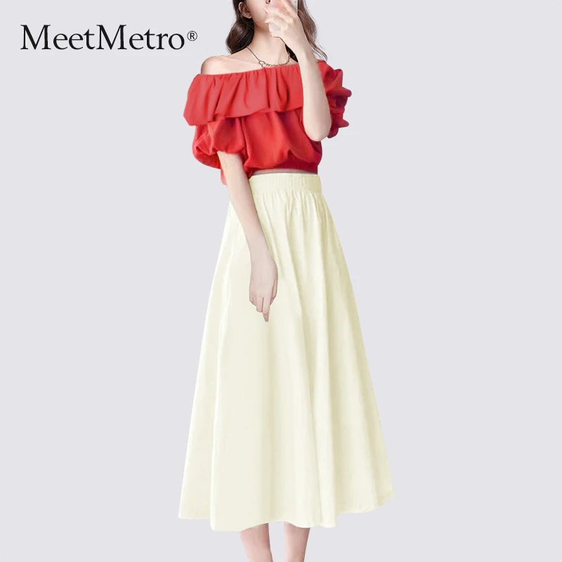 MeetMetro玛依尔2025夏新款时尚套装女红色衬衫高腰半身裙两件套