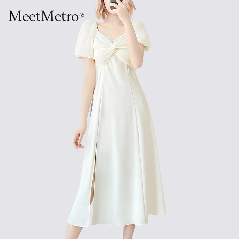 MeetMetro玛依尔2025夏白色方领泡泡袖连衣裙名媛小香公主裙6337
