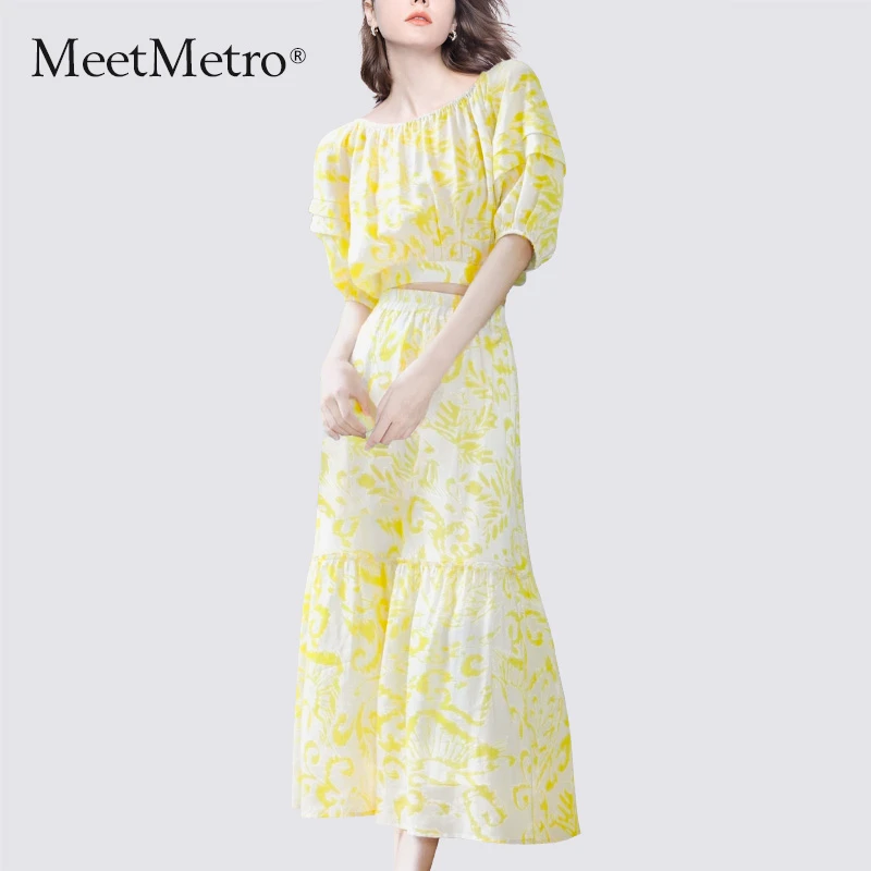 MeetMetro玛依尔2025夏法式桔梗印花套装短款上衣半裙两件套7161