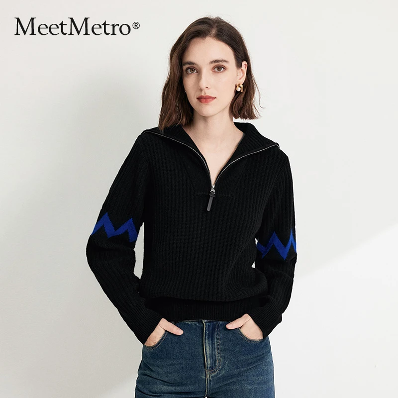 MeetMetro玛依尔黑色套头羊毛毛针织衫2024秋慵懒海军领毛衣6945