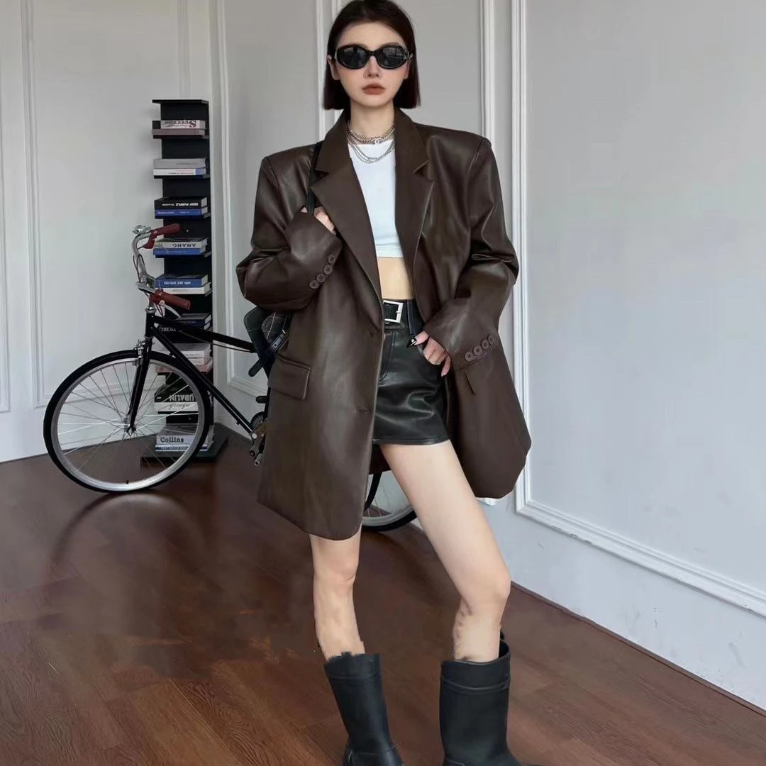 中长款皮衣女外套西装气质网红时尚休闲百搭女士机车西服外套潮