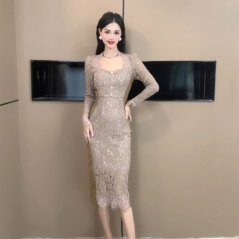 【设计师定制】新款优雅名媛宴会撞色收腰包臀连衣裙20943