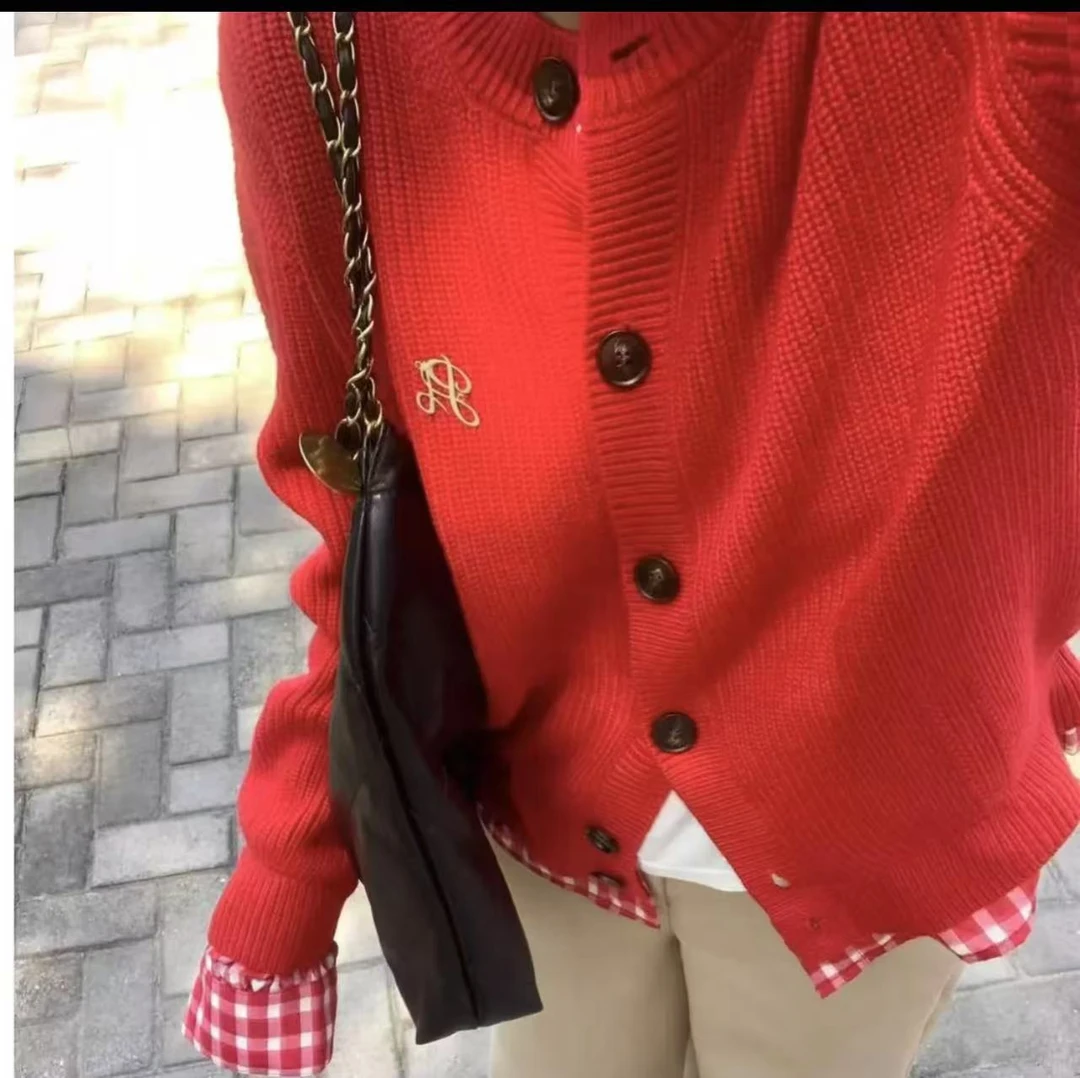 秋季假两件针织开衫毛衣女学院风衬衫拼接撞色高级感百搭外套上衣