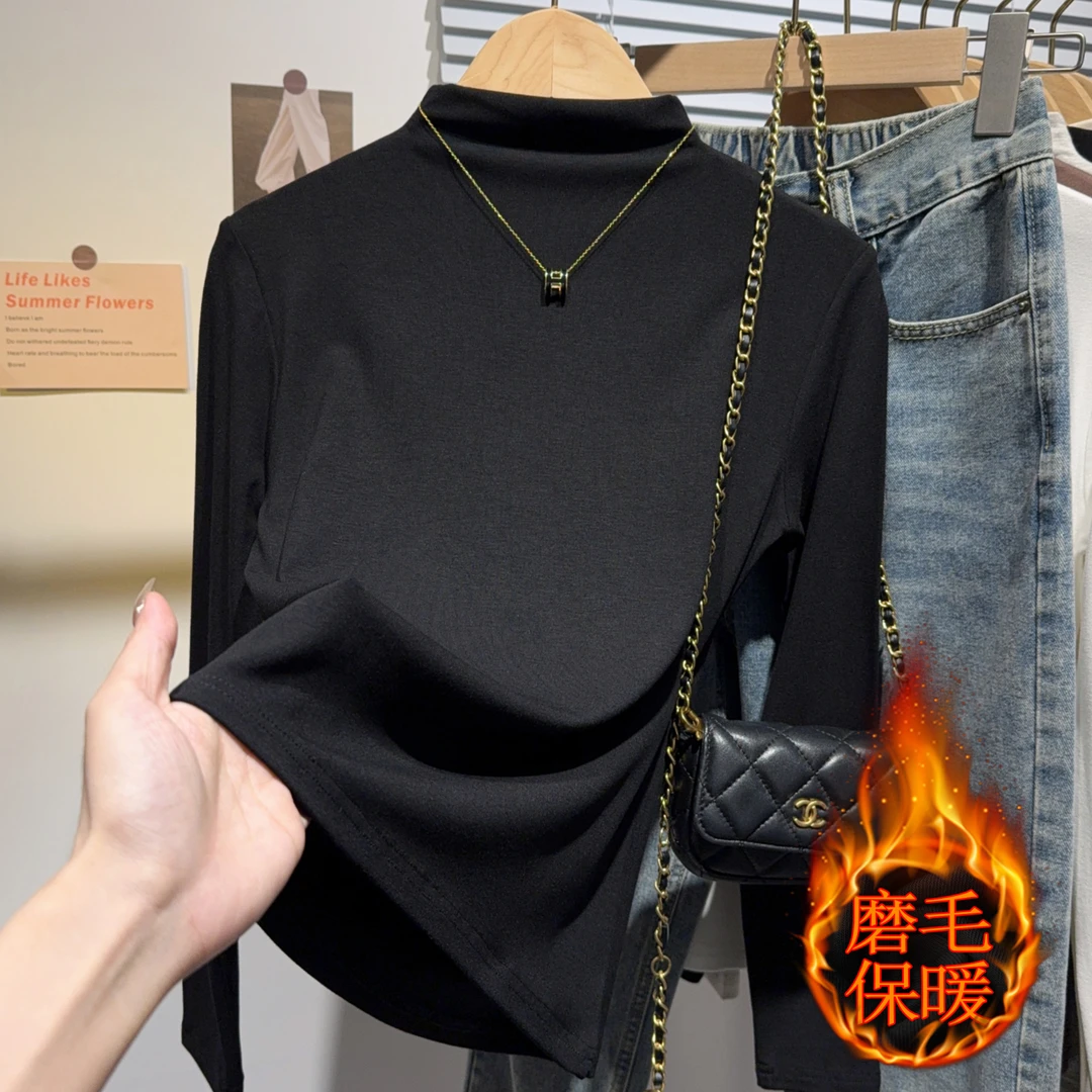 2023新款秋冬磨毛洋气打底衫女内搭半高领黑色长袖t恤女式上衣