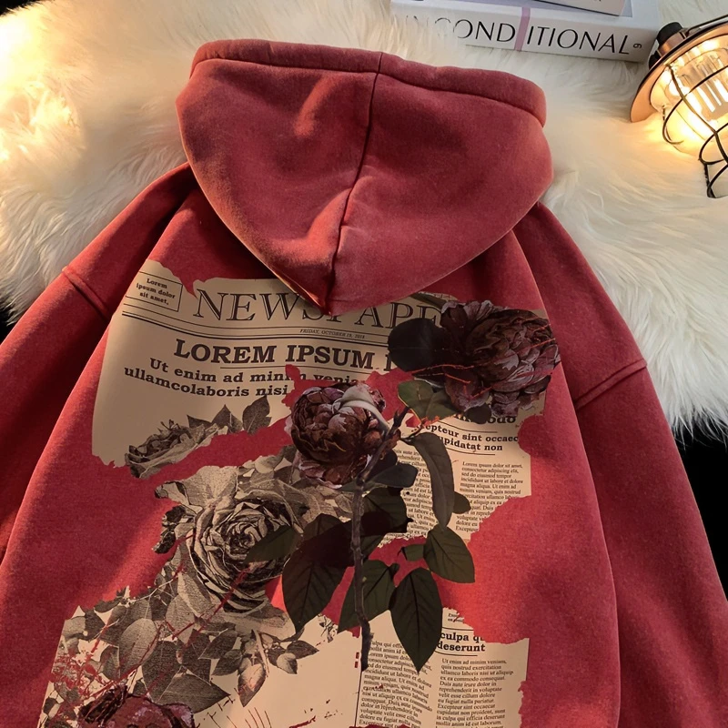 玫瑰印花连帽卫衣男款春秋重磅500g潮牌宽松大码痞帅美式复古外套