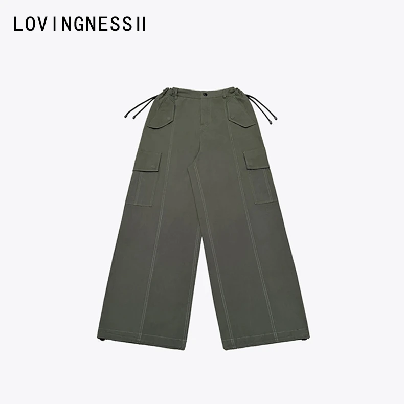 2023年早秋新款小众设计美式复古工装口袋休闲裤抽绳宽松直筒裤女