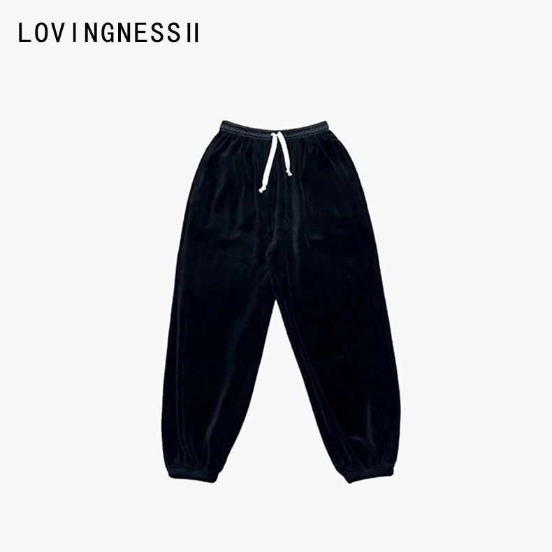 2023年秋冬新款小众设计复古天鹅绒松紧束脚长裤宽松显瘦休闲裤女