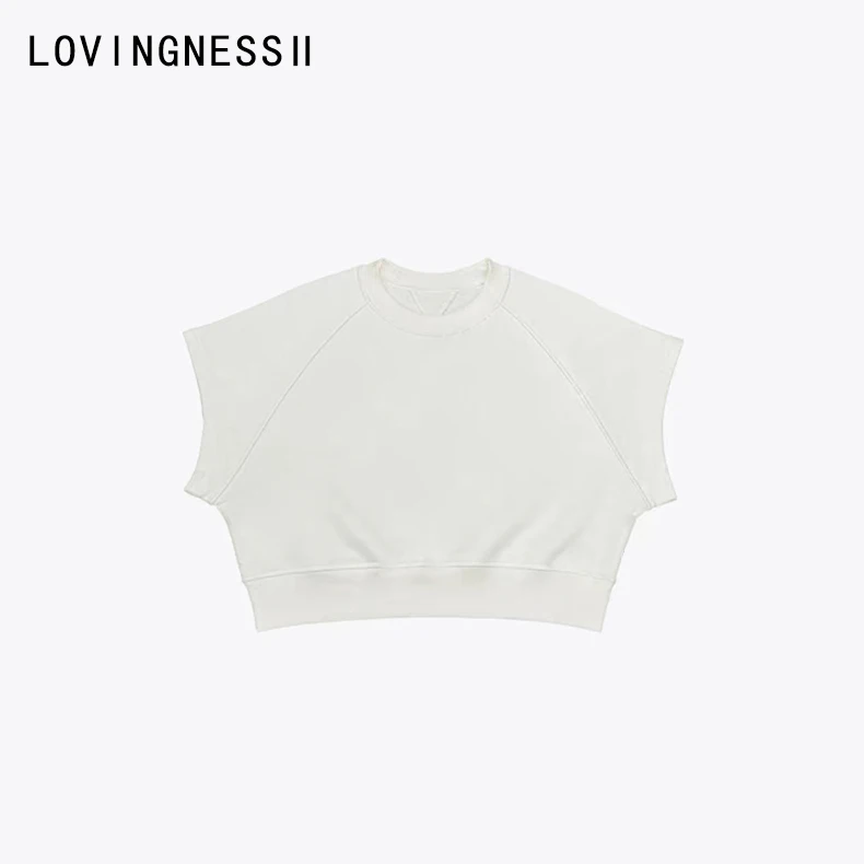 春夏新款小众设计运动风极简纯色短款罗纹圆领短袖卫衣T恤女