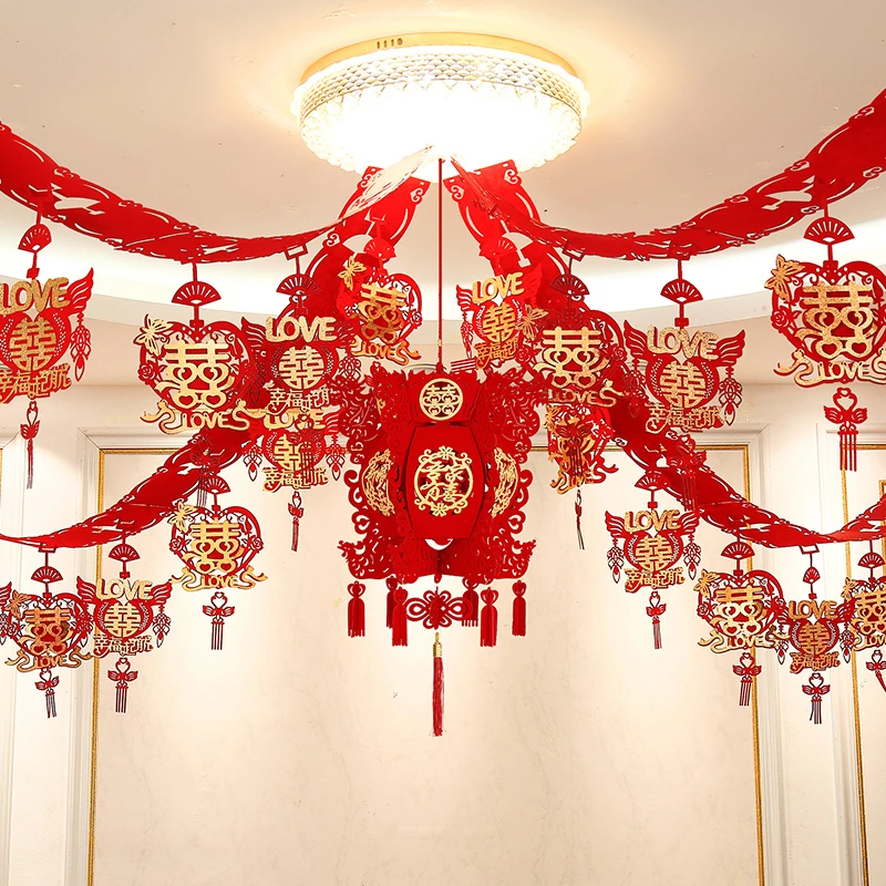 婚房布置男女方新房客厅加厚双12布植绒贴金拉花主卧房间布置用品