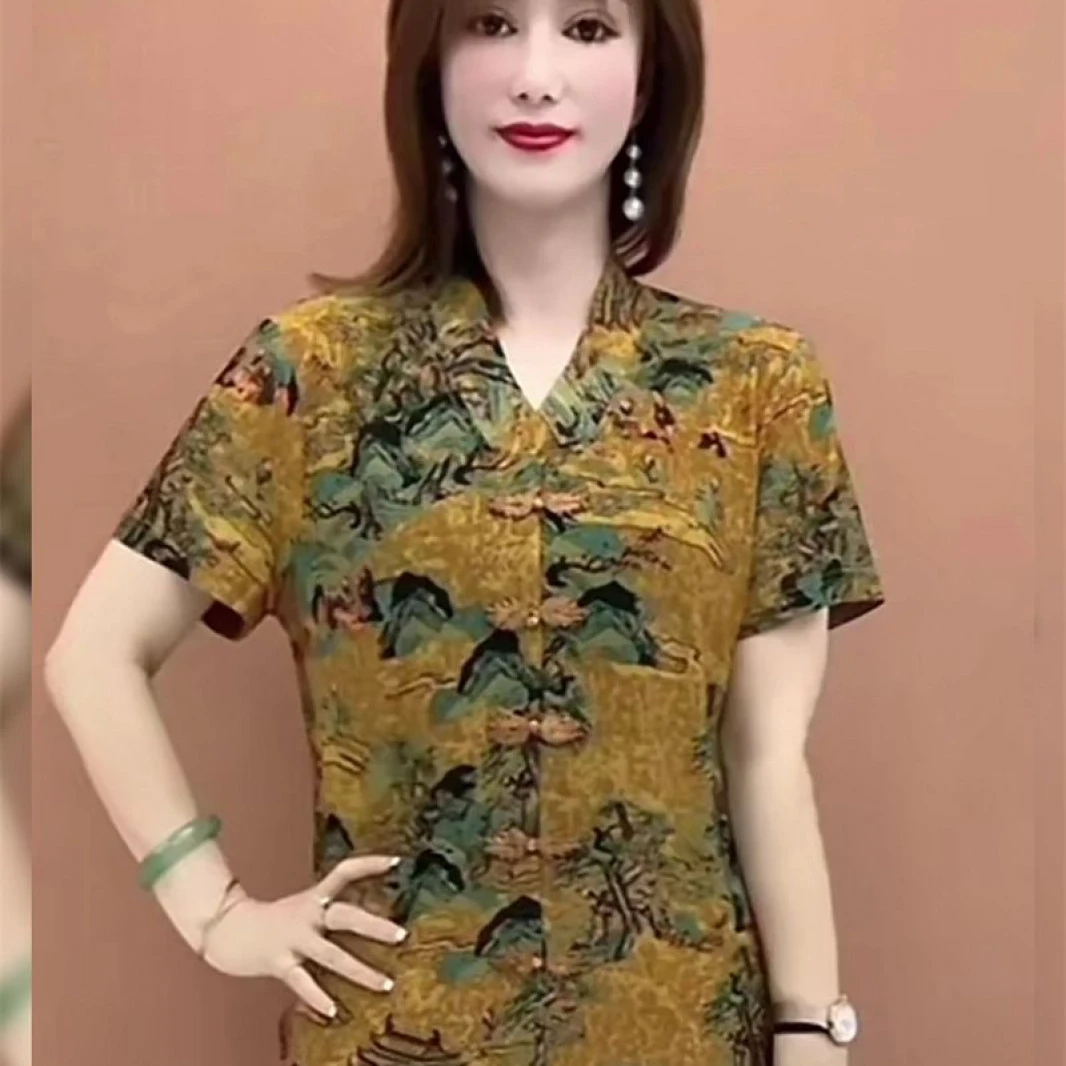 夏季宽松弹力妈妈盘扣上衣弹力显瘦中老年遮肉套头T恤印花小衫女