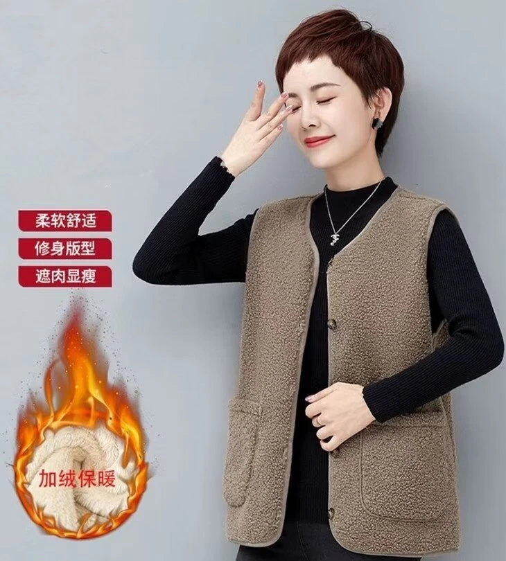 大码女款颗粒绒显瘦马甲加厚保暖宽松外穿时尚百搭加绒背心马夹女