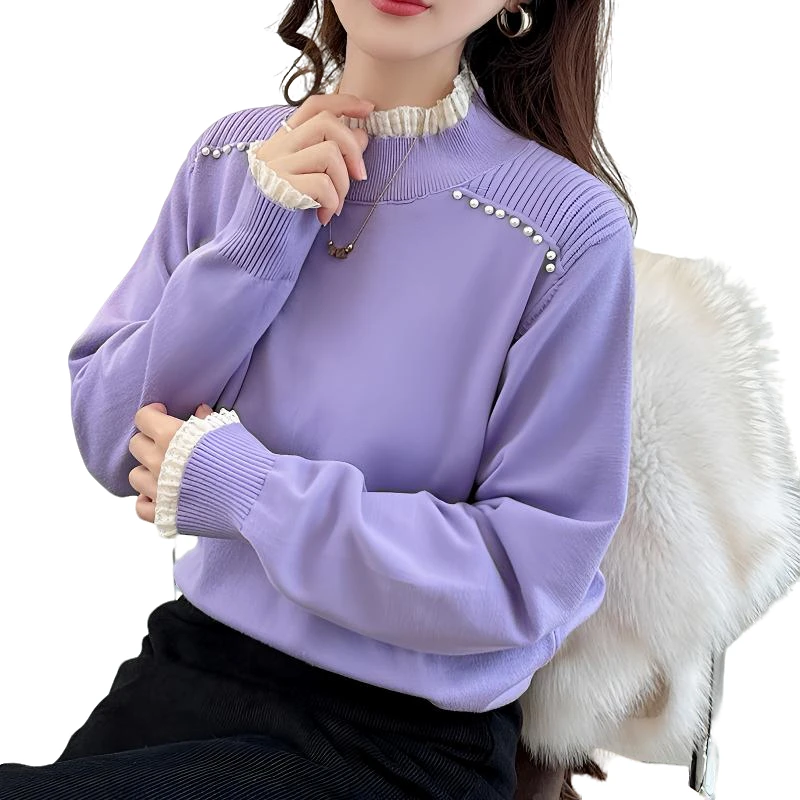 爆款花边领气质打底长袖毛衣大码秋冬款宽松针织衫女钉珠遮肚上衣