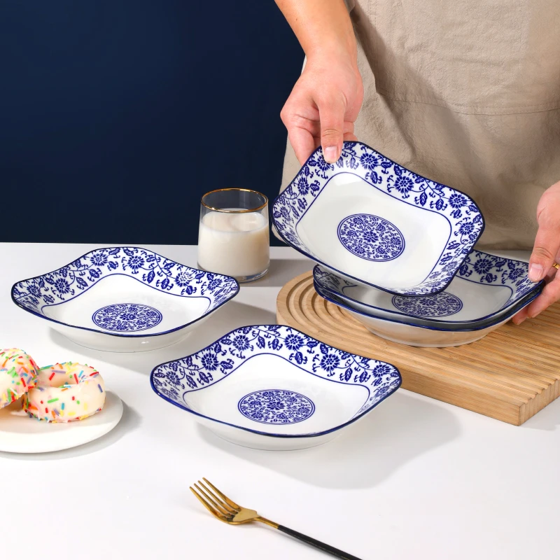 釉下彩方盘中式青花瓷盘子缠枝莲家用陶瓷炒菜盘如意四方盘异形盘