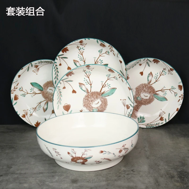小鹿套装餐具5件套1个汤碗4个8英寸盘子家用釉下彩大汤碗面碗