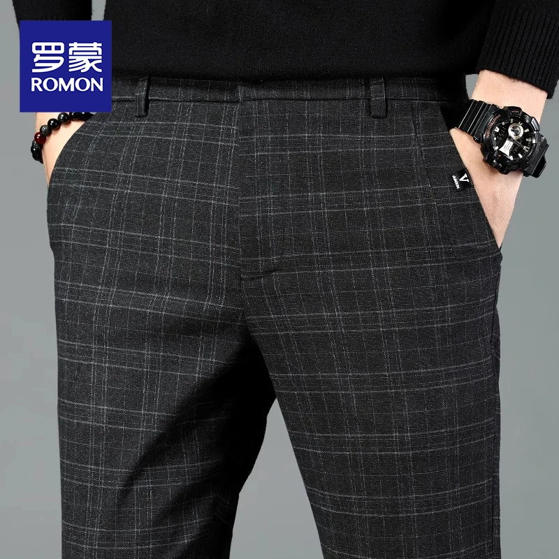 罗蒙格子裤男士商务休闲裤宽松直筒长裤子男春秋款韩版百搭西裤男
