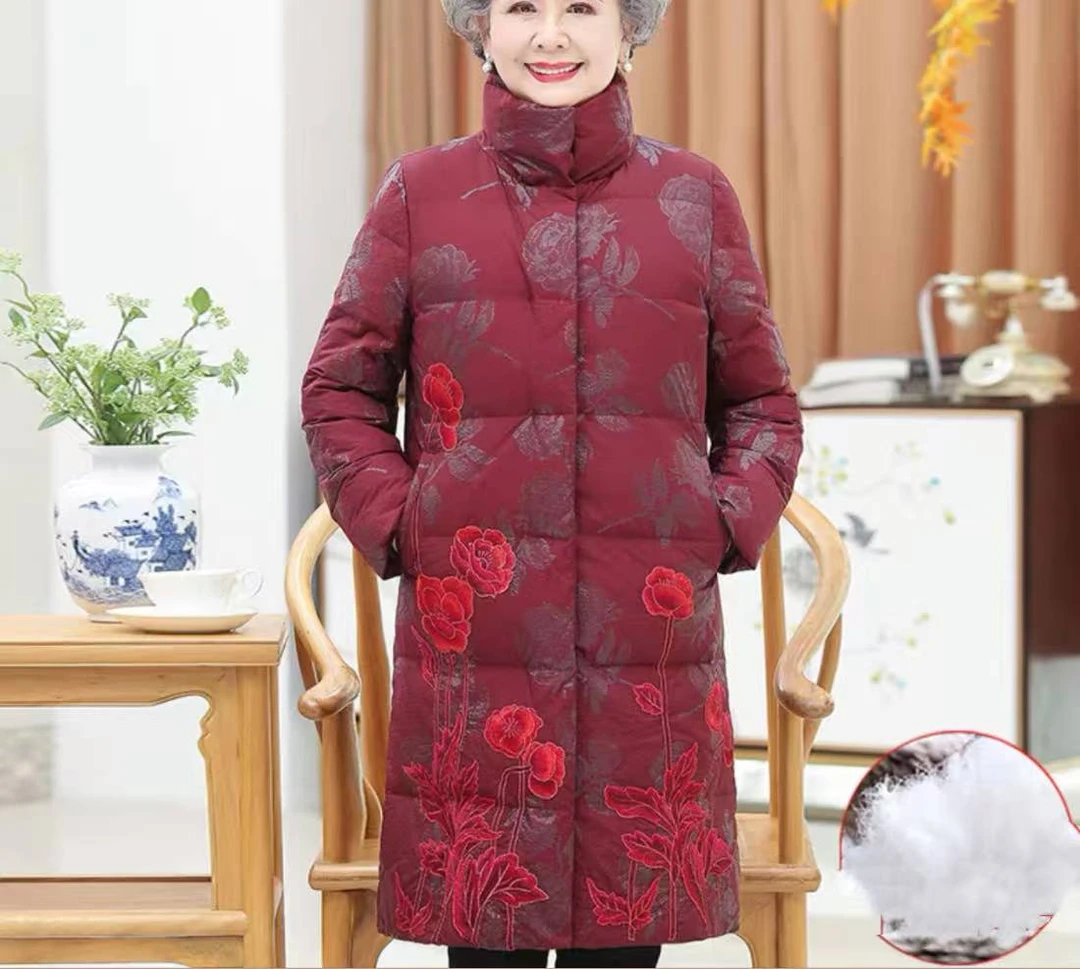 中老年冬装时尚气质刺绣印花加厚中长款羽绒服Q90021