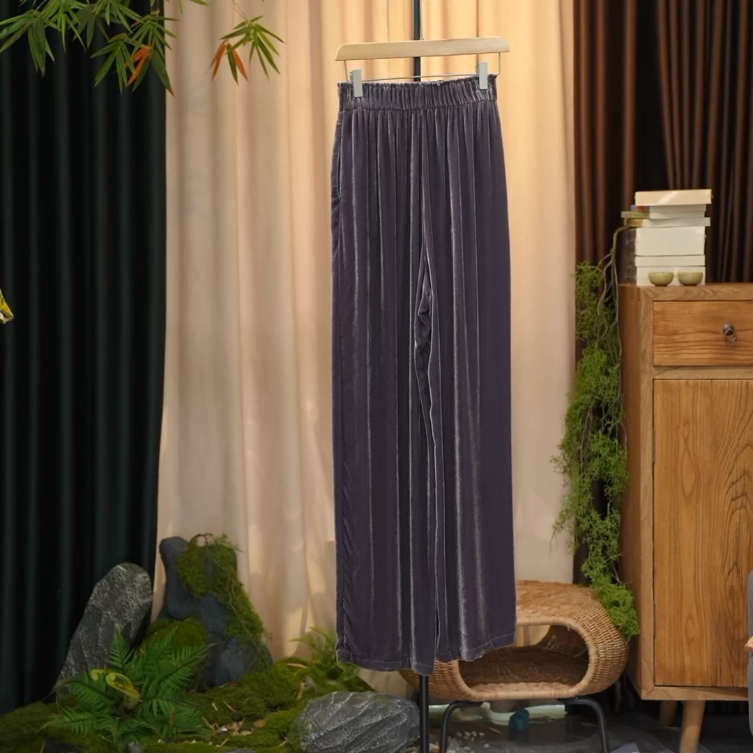 【辰辰高定】2024秋季新款时尚气质桑蚕丝直筒丝绒显瘦长裤休闲