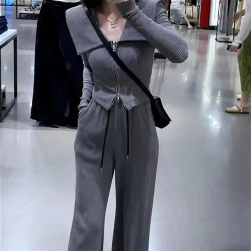 2024秋冬新款翻领修身显瘦长袖上衣高腰显瘦百搭阔腿裤休闲套装