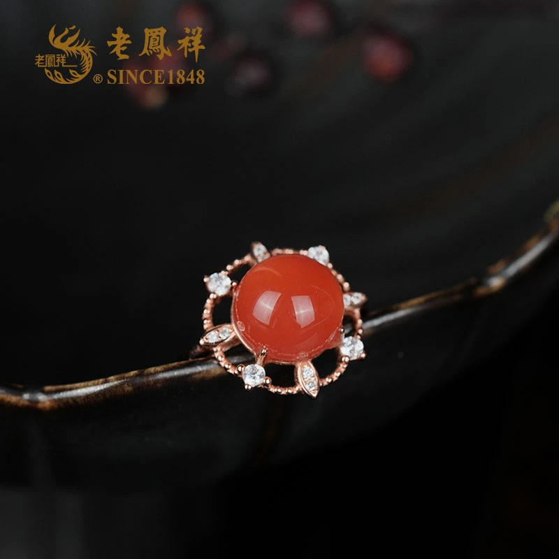 老鳯祥 S925银南红复古典雅活口女戒精致大气时尚戒指W08282