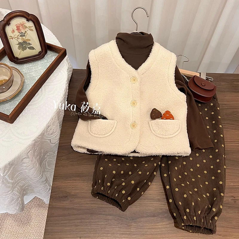 2024冬季新款女童韩版甜美毛毛马甲高领上衣波点休闲裤套装24618