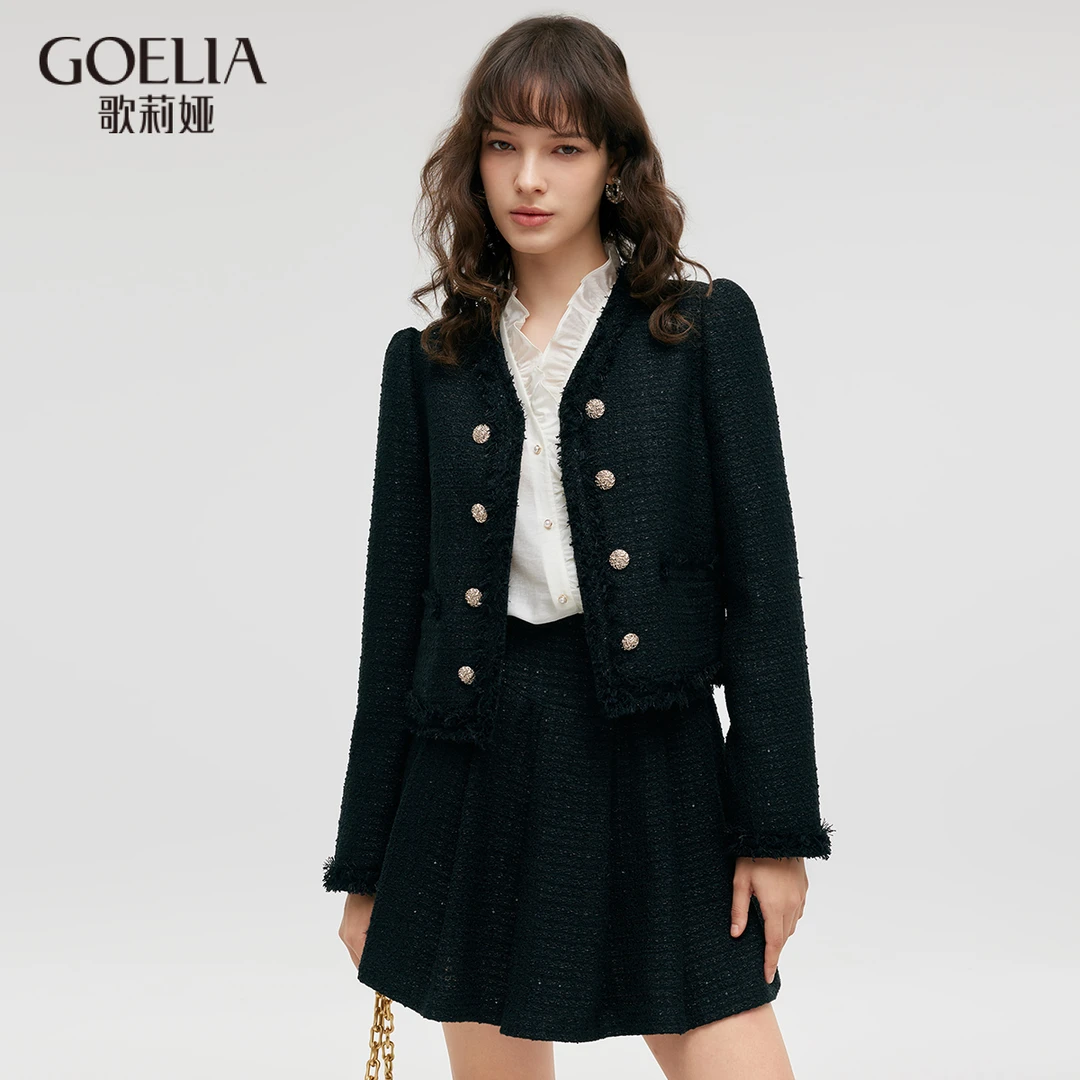 【商场同款新品】歌莉娅奥莱秋季混纺流苏边V领小香外套1C8R6E790