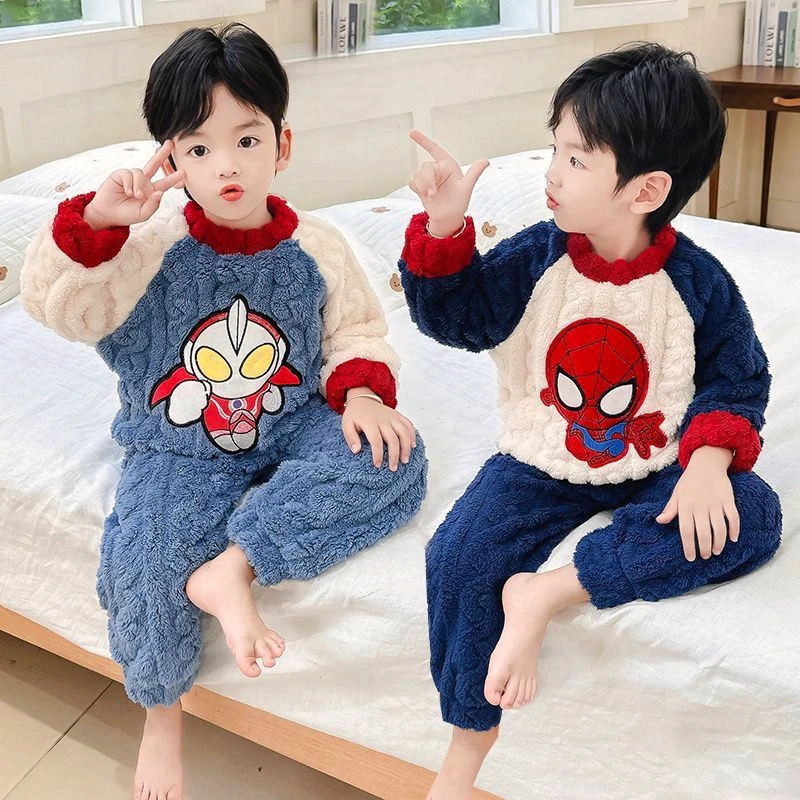 男童奥特曼法兰绒秋冬季睡衣卡通加厚男孩珊瑚家居服套装儿童宝宝