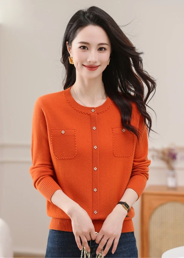 【100%羊毛】秋冬新款珍珠圆领套头长袖针织羊毛衫毛衣女装