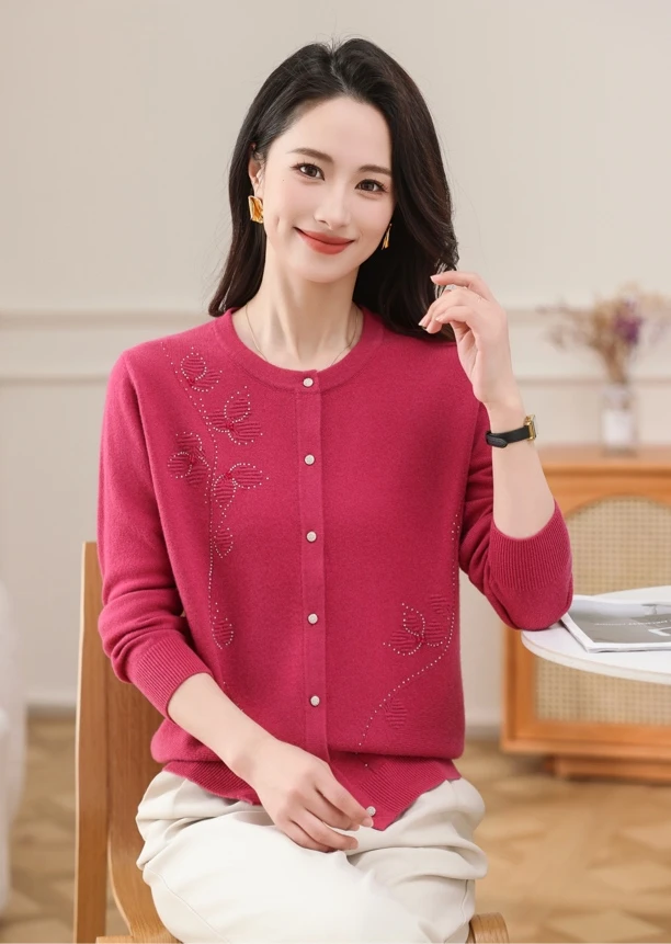 【100%羊毛】秋冬新款圆领开衫长袖显瘦烫钻刺绣羊毛衫毛衣女装