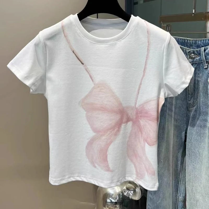 显瘦百搭短款小众设计师款蝴蝶印花辣妹短款时髦ins 短袖T恤女夏