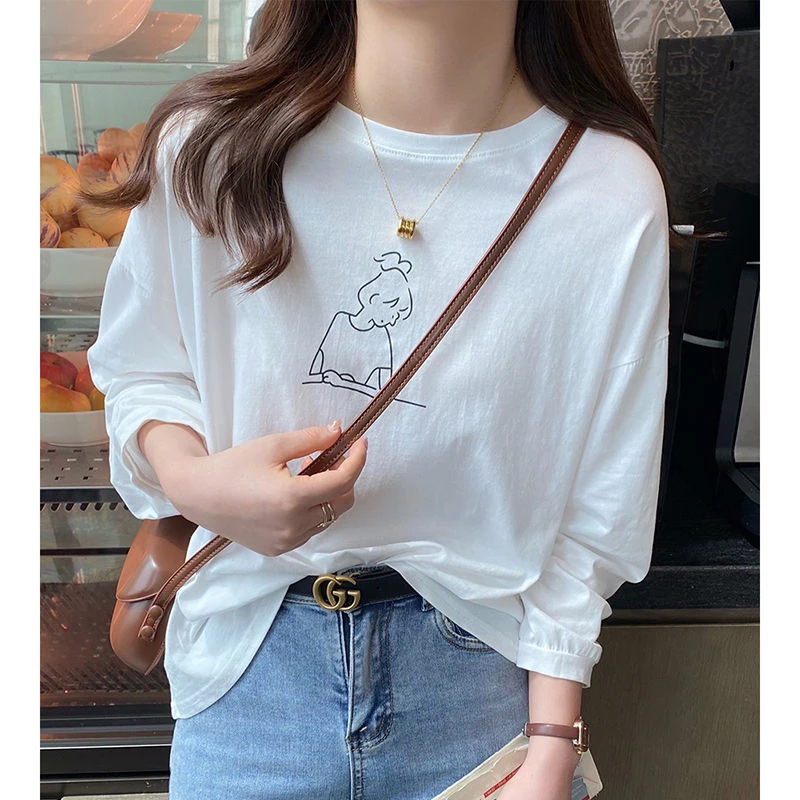 白色t恤女长袖宽松薄款棉体T恤圆领夏季新款