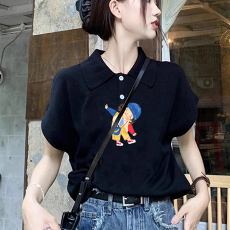 夏季新款修身正肩印花黑色POLO领短袖T恤女体恤时尚欧货小衫上衣