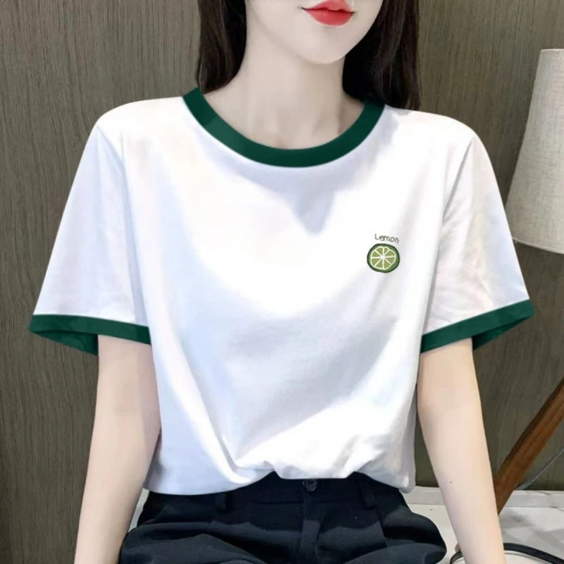 2025夏季欧货白色短袖t恤女新款正肩印花棉宽松撞色体恤衫上衣