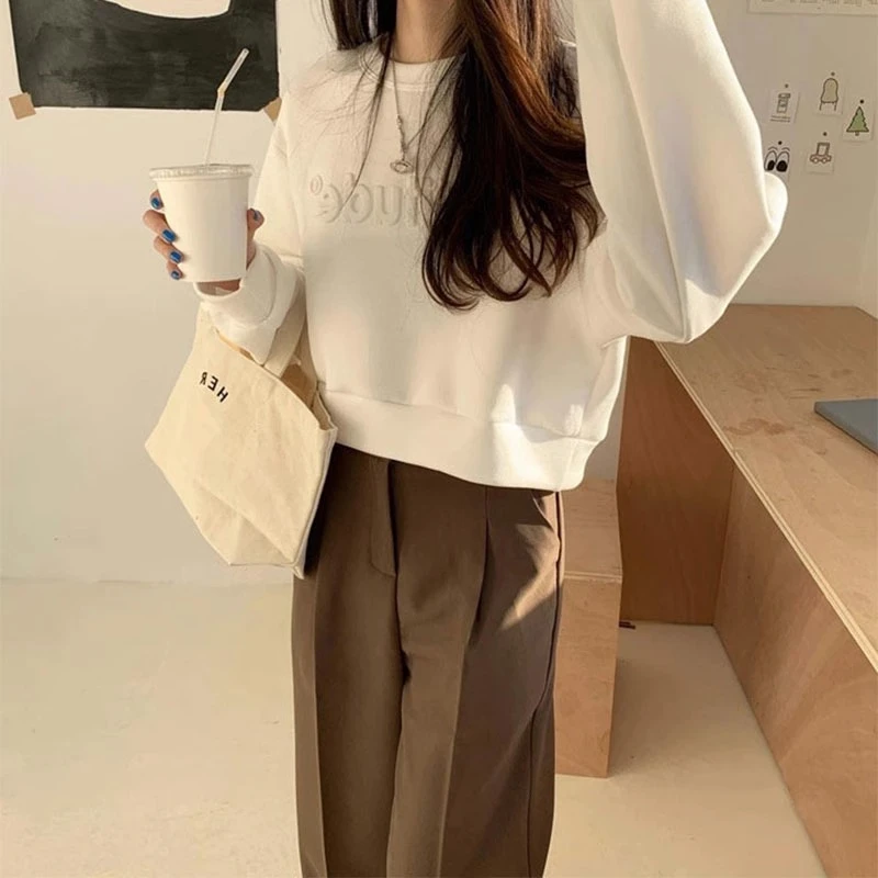 2025新款白色短款卫衣女秋季上衣设计感小众长袖宽松圆领休闲外套