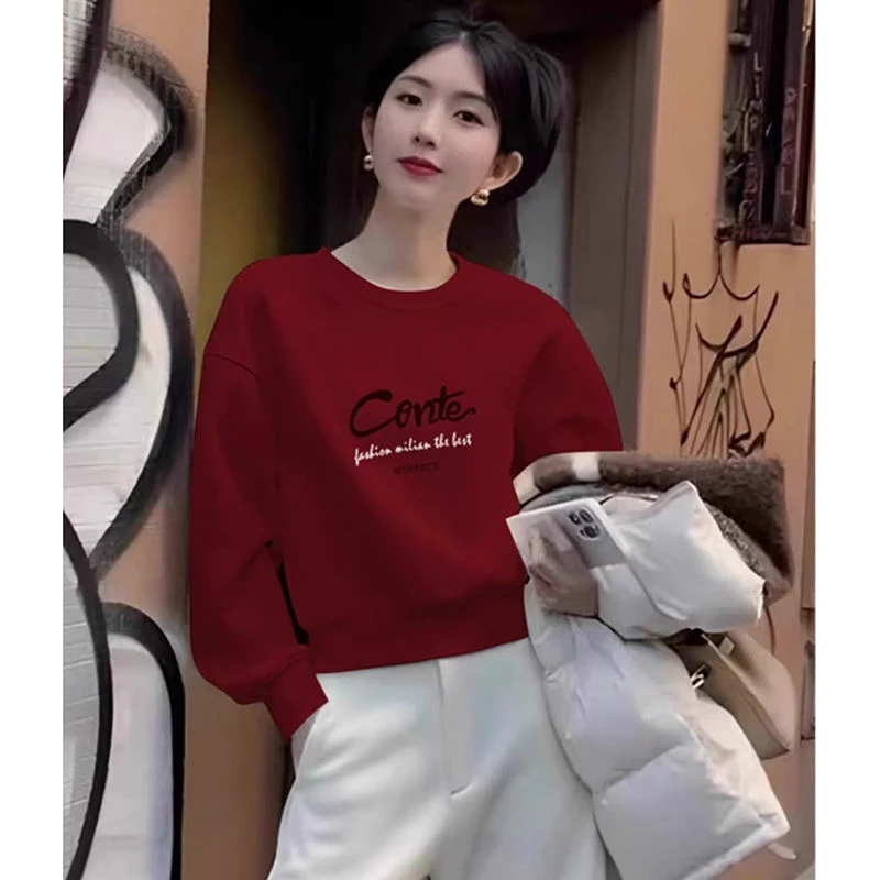 2025新款无帽圆领卫衣女士红色穿搭加绒小个子套头上衣