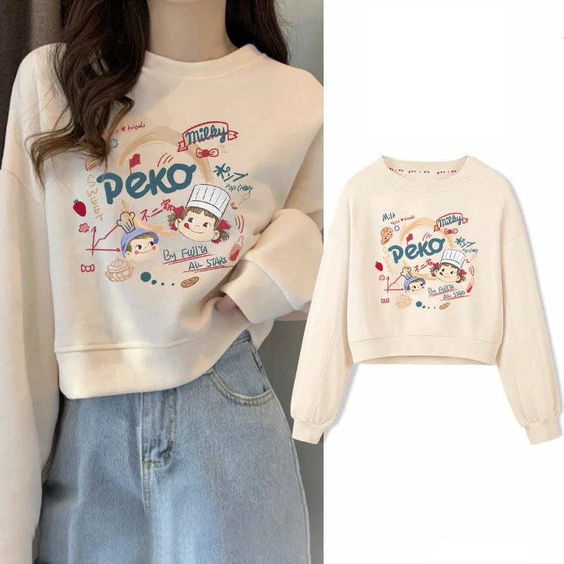 短款米色卫衣女小众chic港风不二家早秋季宽松高腰小个子薄款上衣