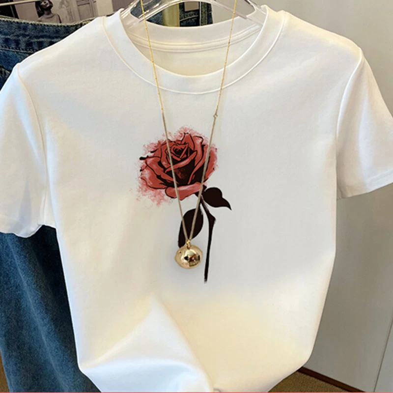 设计感小众港味白色玫瑰短袖t恤女春夏季休闲宽松复古chic上衣潮
