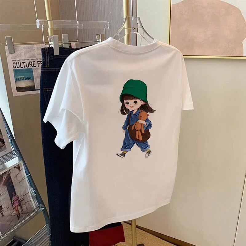 2025夏季宽松百搭圆领新款白色短袖t恤女卡通印花减龄上衣潮
