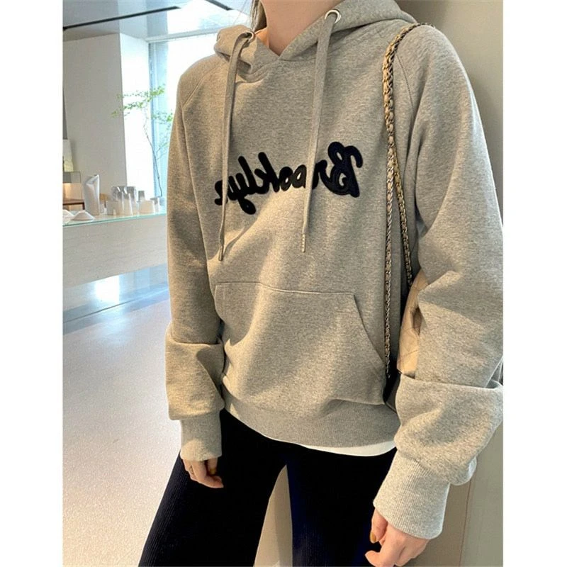 灰色潮牌正肩短款卫衣秋冬女ins设计感小众慵懒风小个子胖mm显瘦