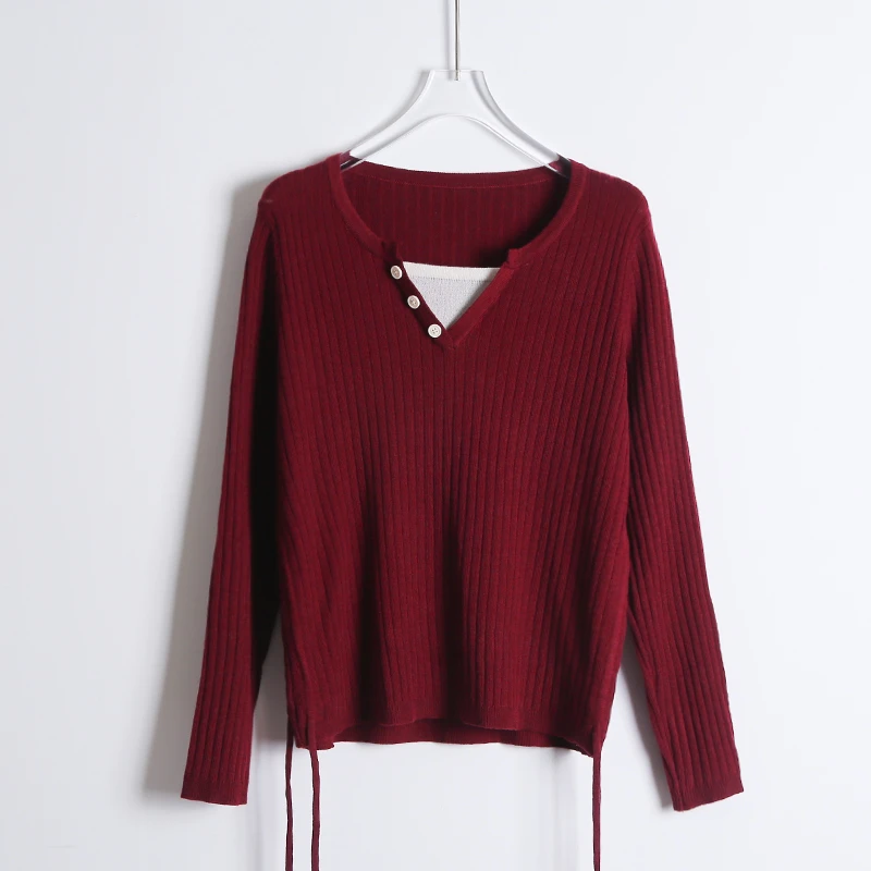 时尚撞色假两件长袖针织衫女2024秋新款修身显瘦打底衫红色秋冬