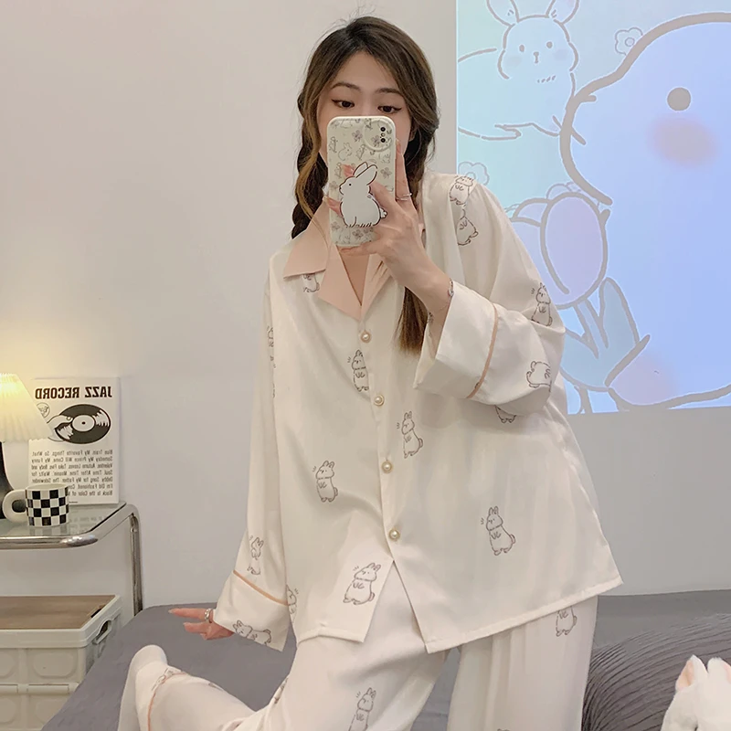 高级感睡衣女春秋长袖长裤薄款气质开衫卡通印花网红秋季家居服装