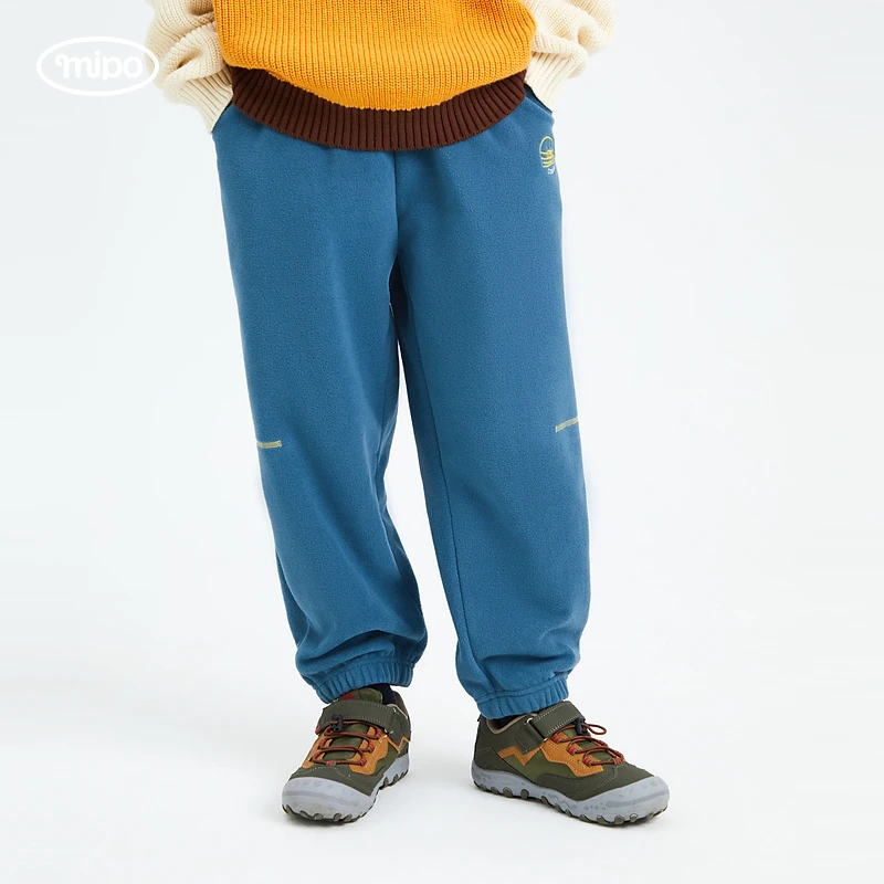 mipo AW儿童双面摇粒绒裤子男2023新款女童加绒运动裤束脚