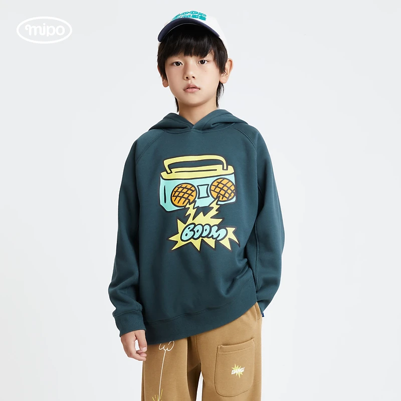 mipo冬装儿童连帽卫衣男秋冬季新款加绒加厚女童上衣卡通印花